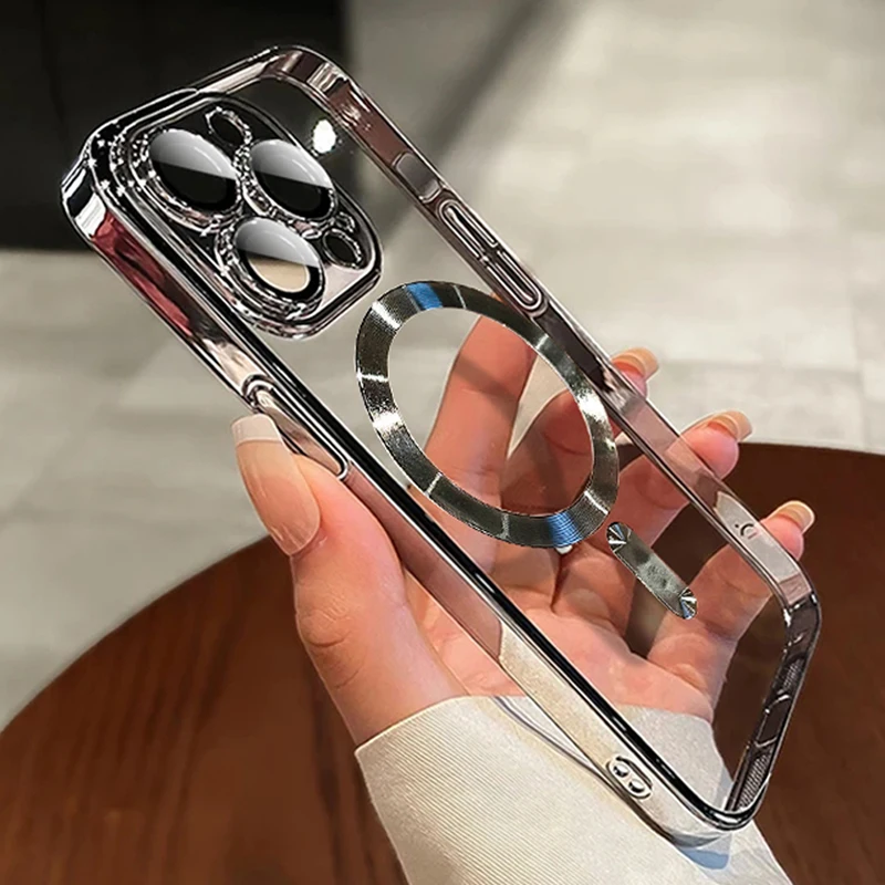 

Magsafe Wireless Magnetic Charging Phone Case For iPhone 11 14 13 12 Pro Max Fashion Plating Camera Lens Protector Cover funda