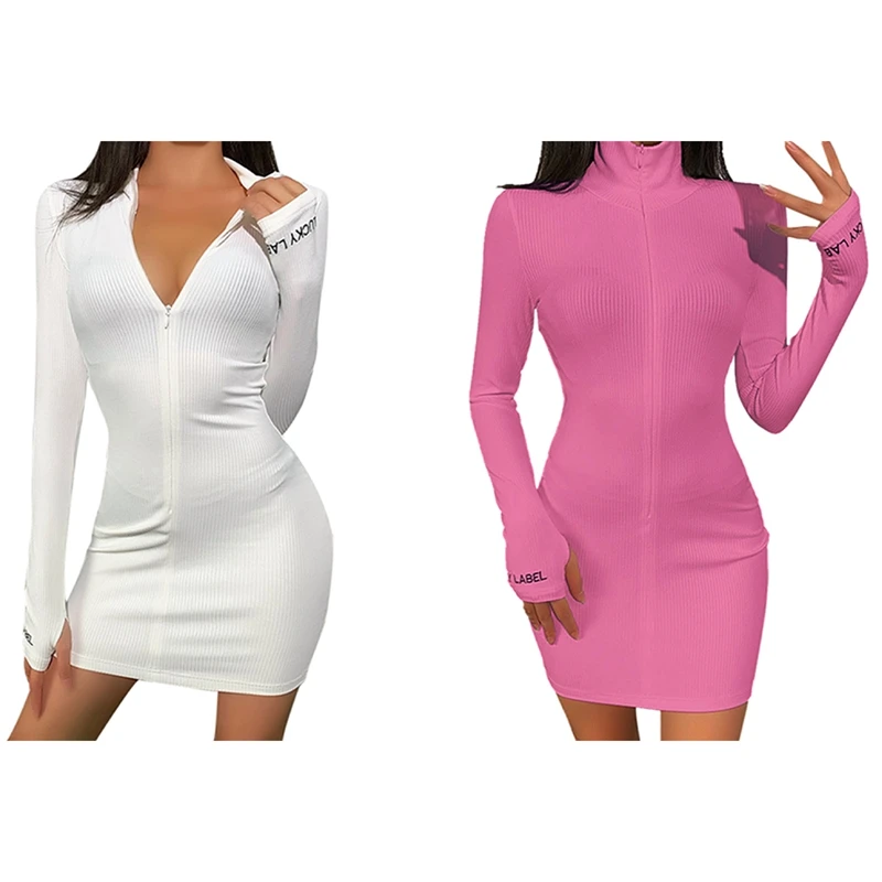 

2 Pcs Sexy Zipper V Neck Dress Women Casual Embroidery Lucky Label Long Sleeve Knit Rib Bodycon Dress White L & Pink L