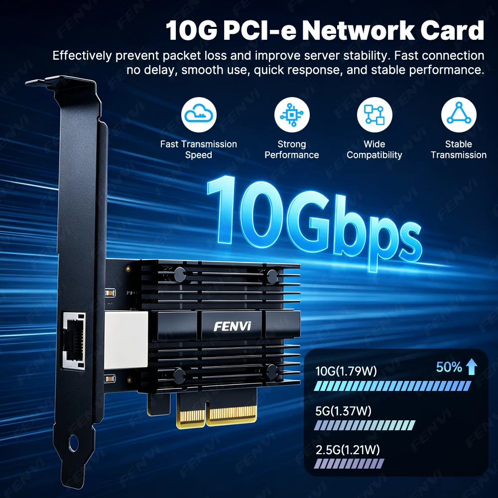 Фото Сетевая карта FENVI 10Gb PCIe 3.0 X4 RTL8127 RJ45 Ethernet LAN-адаптер Multi-Gig 10G/5G/2.5G/1Gbps для настольных ПК Windows/Linux №4