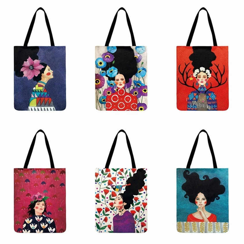 

Ladies Shoulder Bag Painting Art Gril Printed Tote Bags For Women Casual Beach Bag Linen Fabric Reusable Shopping Bag 40*42cm