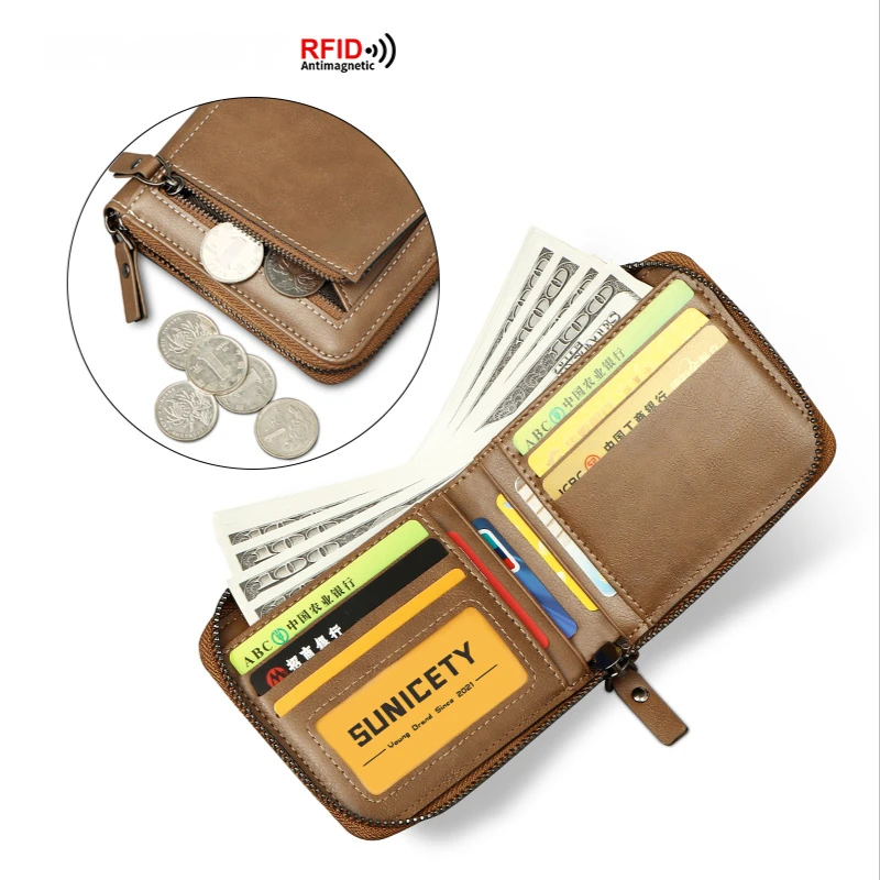 

Короткий кошелек из искусственной кожи с RFID-защитой для мужчин, горизонтальный Ретро Держатель для кредитных карт, портмоне на молнии, Моло...