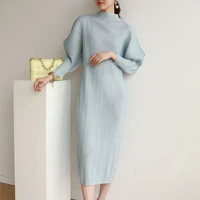 autumnspring pleated elegant oversize batwing long sleeve minimalism midi dress