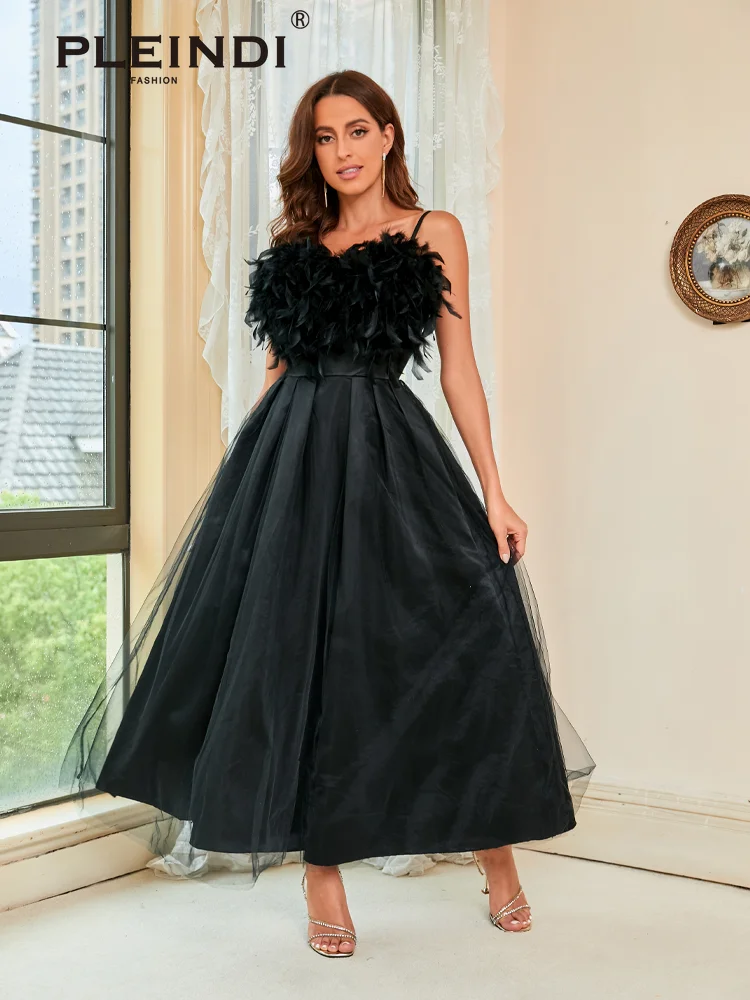 PLEINDI Elegant Evening Dresses Tulle Spaghetti Strap Feathers Backless Ankle Length 2022 New of Simple Party Women Prom Dress