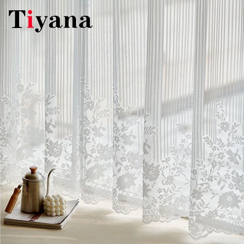 

French White Flower Lace Embroidery Curtains Bedroom Blinds Sheer Tulle Curtain For Living Room Balcony Bay Window Voile Drapes