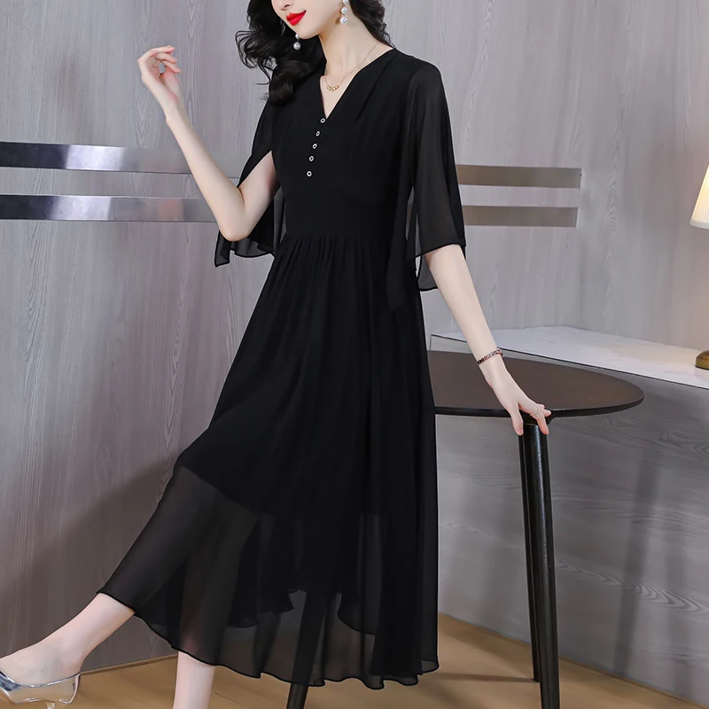 

2023 New Fashion Silk Solid Color Dress Women's Summer Versatile Mulberry Silk V-Neck Loose Fit Casual Holiday Dress Vestidos