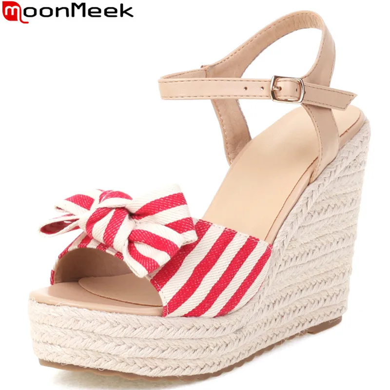 

MoonMeek 2022 Size 34-43 New Simple Canvas Platform Sandals Woman Wedges High Heels Shoes Ladies Butterfly Knot Casual Shoes