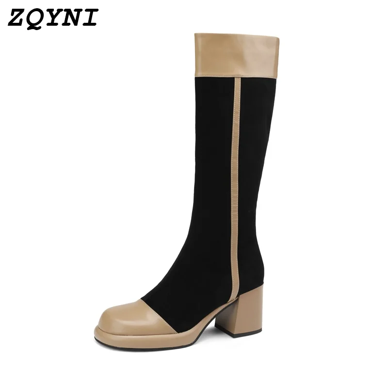 

ZQYNI leather over-the-knee boots women's thick-soled casual socks shoes spring and winter long shoes
