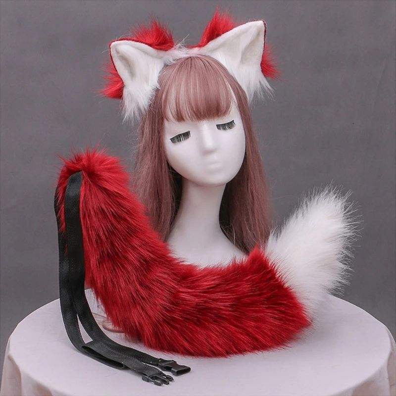 

H9ED Cute Simulation Foldable Plush Ears Headband with Contrast Color Furry Wolf Long Tail Set Kawaii Anime Animal Cosplay