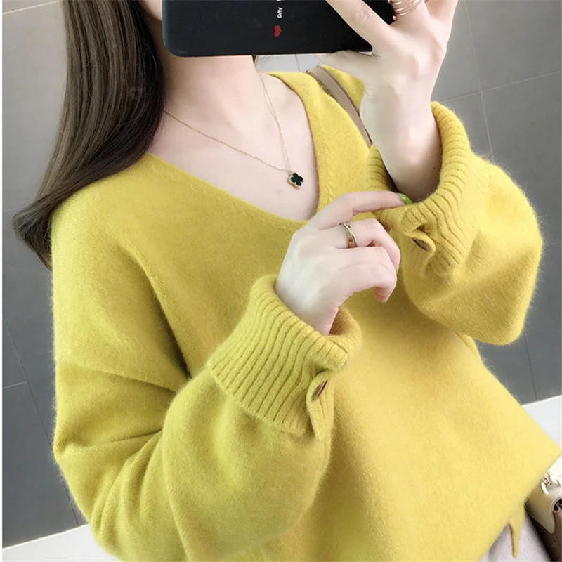 

5 Fashion Color Knit Sweater Women Korean Student Tops Loose Casual Jumpers Ladies V-Neck Long sleeve Knitted Pullover Female