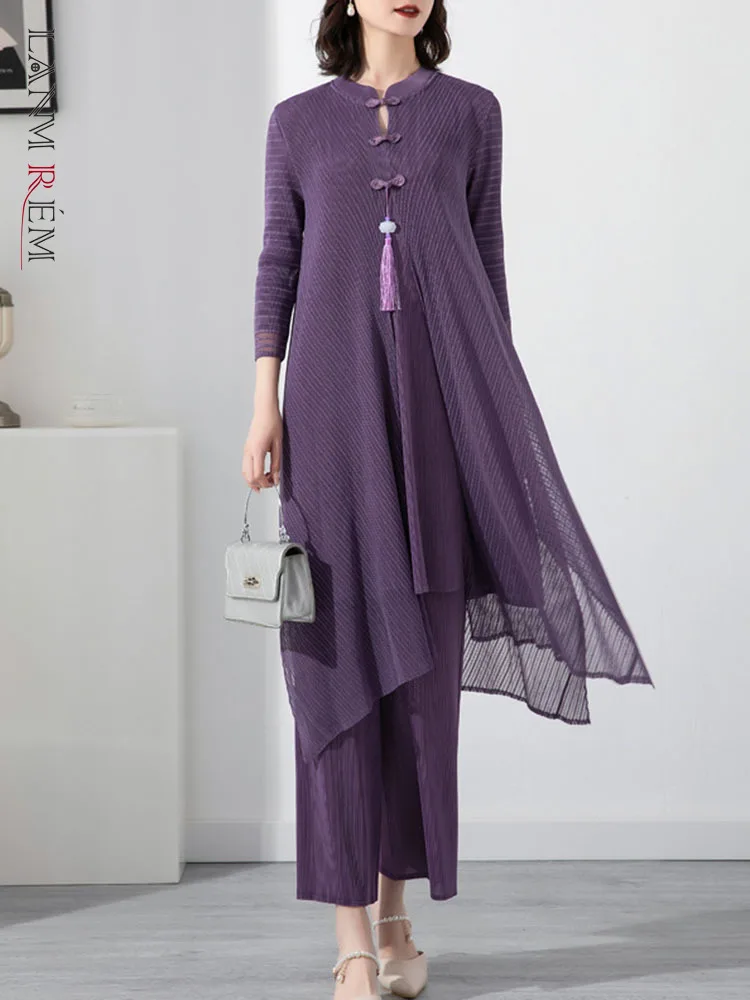 

LANMREM Pleated Elegant Solid Color Sets Women Stand Collar Disc Buckle Top Wide Leg Pants Female New Clothing 2023 Summer 2I760