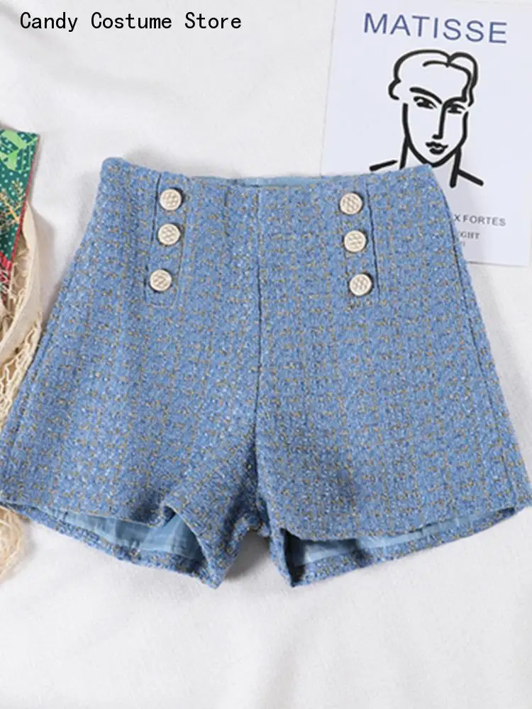 Female Fashion Black Shorts New Spring Autumn Double Breasted Shorts Women Tweed Shorts Retro High Waist