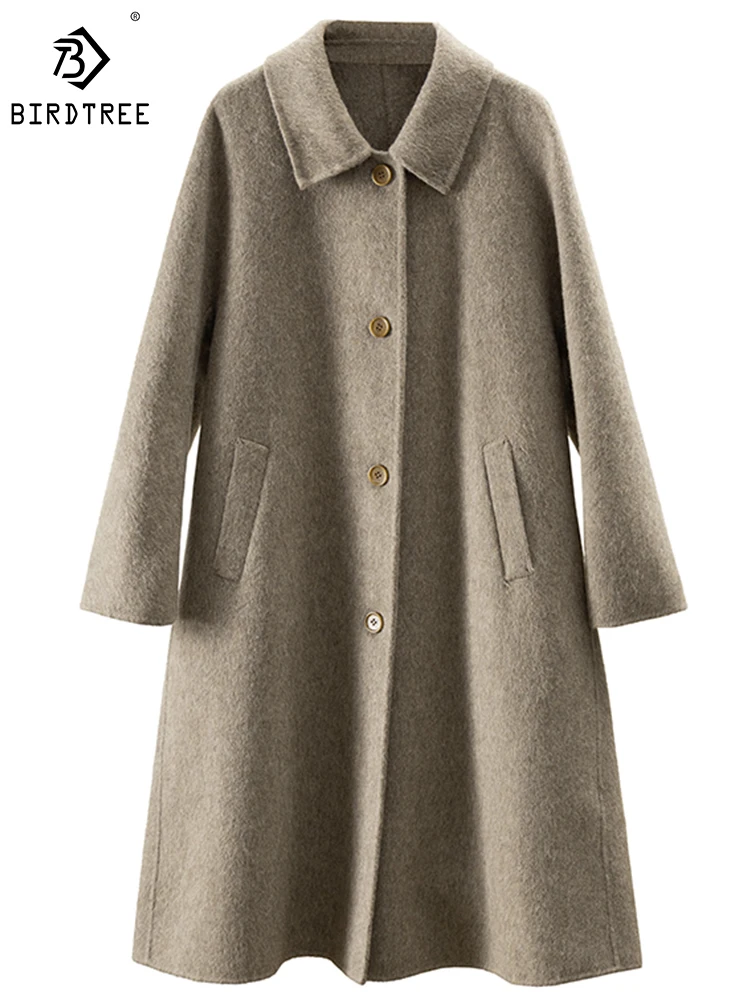 

Birdtree 80%Sheep Wool 10%Mulberry Silk Coat Women Lapel Solid Warm Casual Temperament Commute Overcoat Fall Winter C3N007QD
