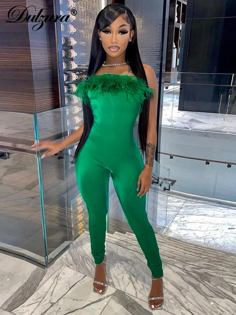 

Dulzura Sleeveless Feather Tube Jumpsuit Bodycon Sexy Club Outfit Party Rave Festival Clothing 2022 Summer Y2K Romper Sportswear