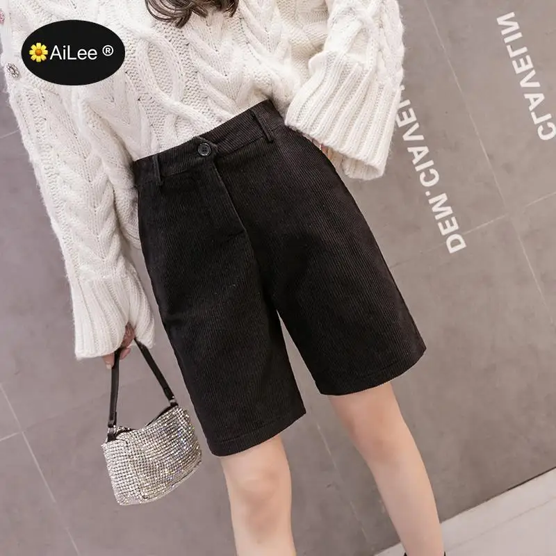 Autumn Winter Velvet Shorts Korean Half Long A line Shorts Knee Length Elastic High Waist Shorts Warm Wide Leg Shorts Women