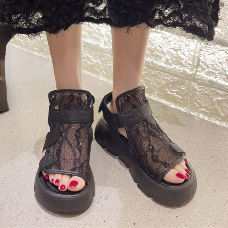 

Сандалии пляжные сетчатые, дышащие, на толстой подошве, с цветочным кружевом, Нескользящие, повседневные, плоская подошва, лето 2023