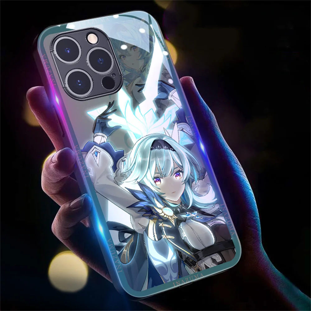 Крутой чехол для iPhone Air 17 16 15 14 13 12 11 Pro Max Plus с мультяшным рисунком Genshin, умной LED-подсветкой и закаленным стеклом (art.: 3920dc78a29f1) - 3920dc78a29f1