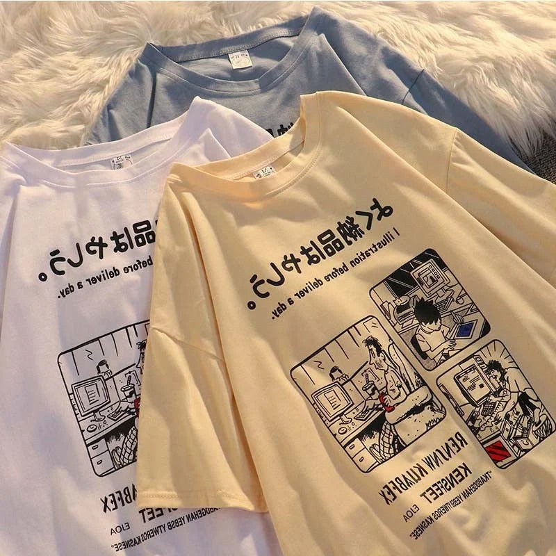 

2022 летние хлопковые футболки в японском стиле с рисунком аниме Kanji Comics, кавайная одежда в стиле Харадзюку для подростков и пар, футболки боль...