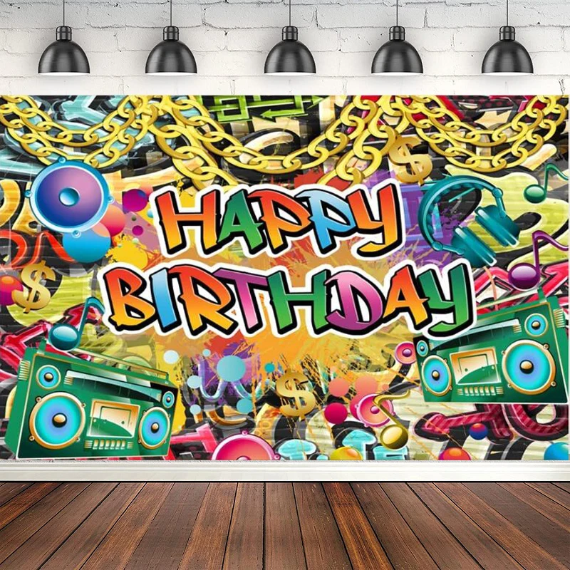 

Happy Birthday Party Back To 80's Photography Backdrop Neon Glow In The Dark Colorful Graffiti Splash Paint Background Banner