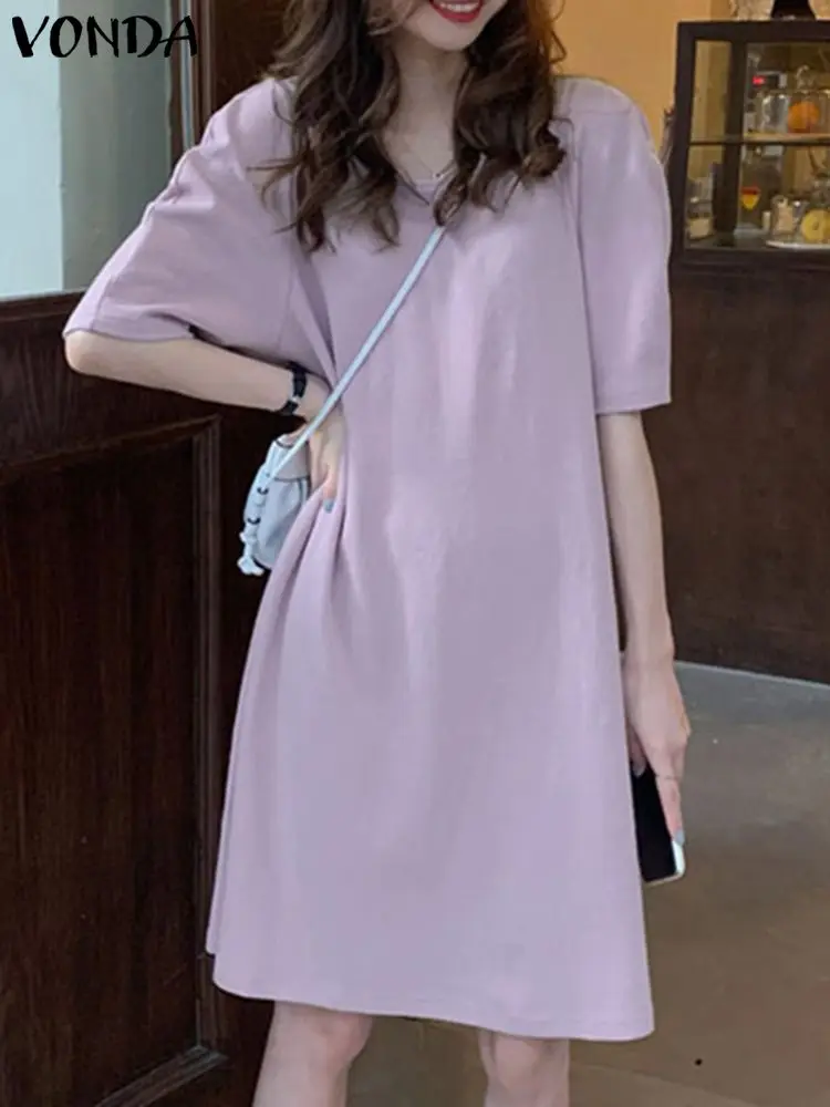

Женское летнее свободное платье VONDA 2023, сексуальное однотонное Повседневное платье с коротким рукавом, элегантное свободное платье, женское платье