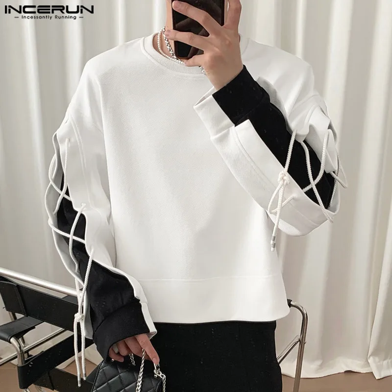 

Casual All-match Tops INCERUN New Men's Black&White Contrast Color Lace T-shirts Streetwear Hot Sale Male Loose O-Neck Camiseta