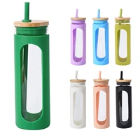 600ml water bottle silicone single ply glass water cup with straw and wood grain cup lid outdoor portable juice cup for students