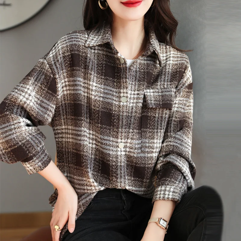 

Korean Version Of Plaid Shirt Jacket 2023 Spring Autumn New Loose Thickened Check Shirt Middle-aged Women Long Sleeve Blouse T16