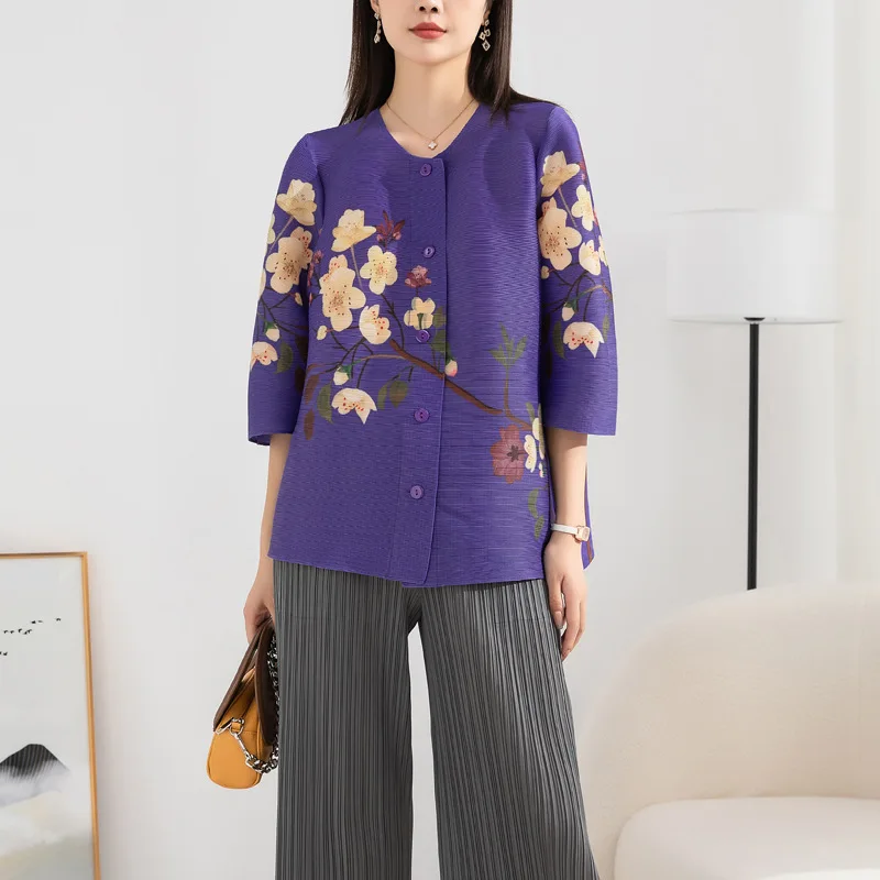 

Женская плиссированная короткая футболка миаке, Свободный Тонкий однобортный Топ с принтом, осень 2022