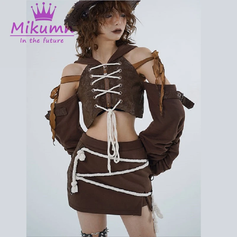 

Комплект из двух предметов Женский, винтажный Асимметричный пикантный кроп-топ с открытыми плечами и короткая мини-юбка в стиле Харадзюку в...