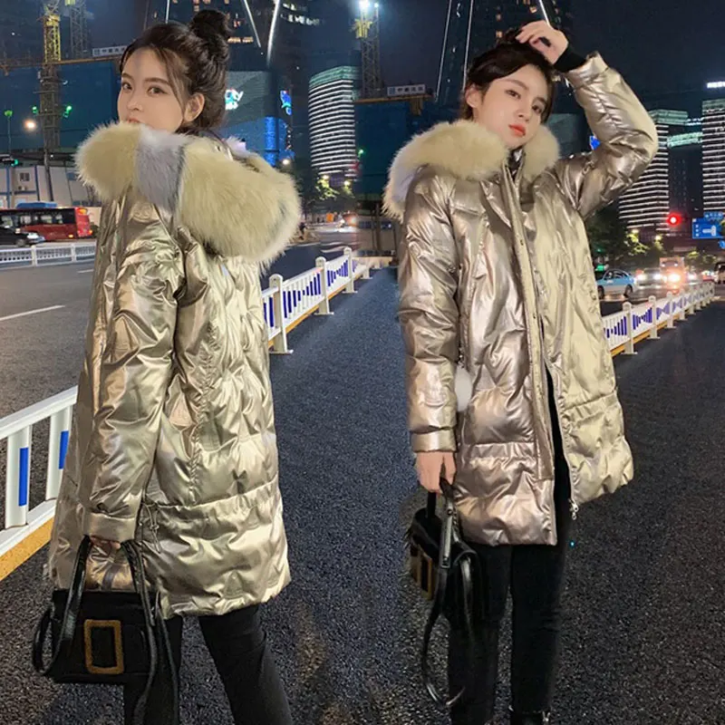 Glossy Winter Jackets Women High Quality Snow Wear Parkas Hooded Warm Long Coats Female Pleated New Fashion Clothing