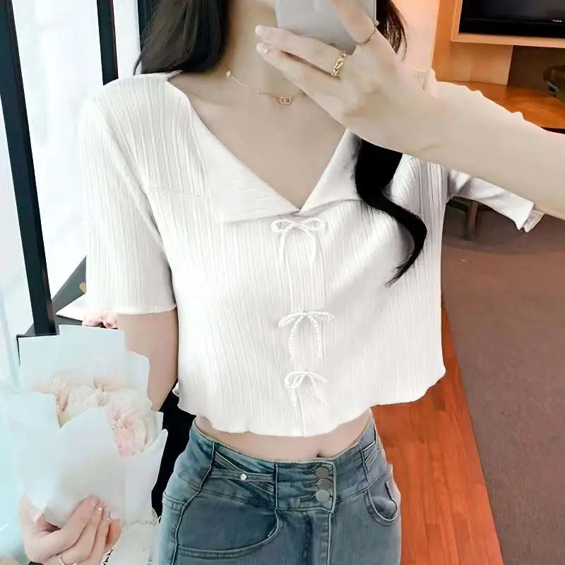 Женская рубашка с бантом и V-образным вырезом свободного покроя