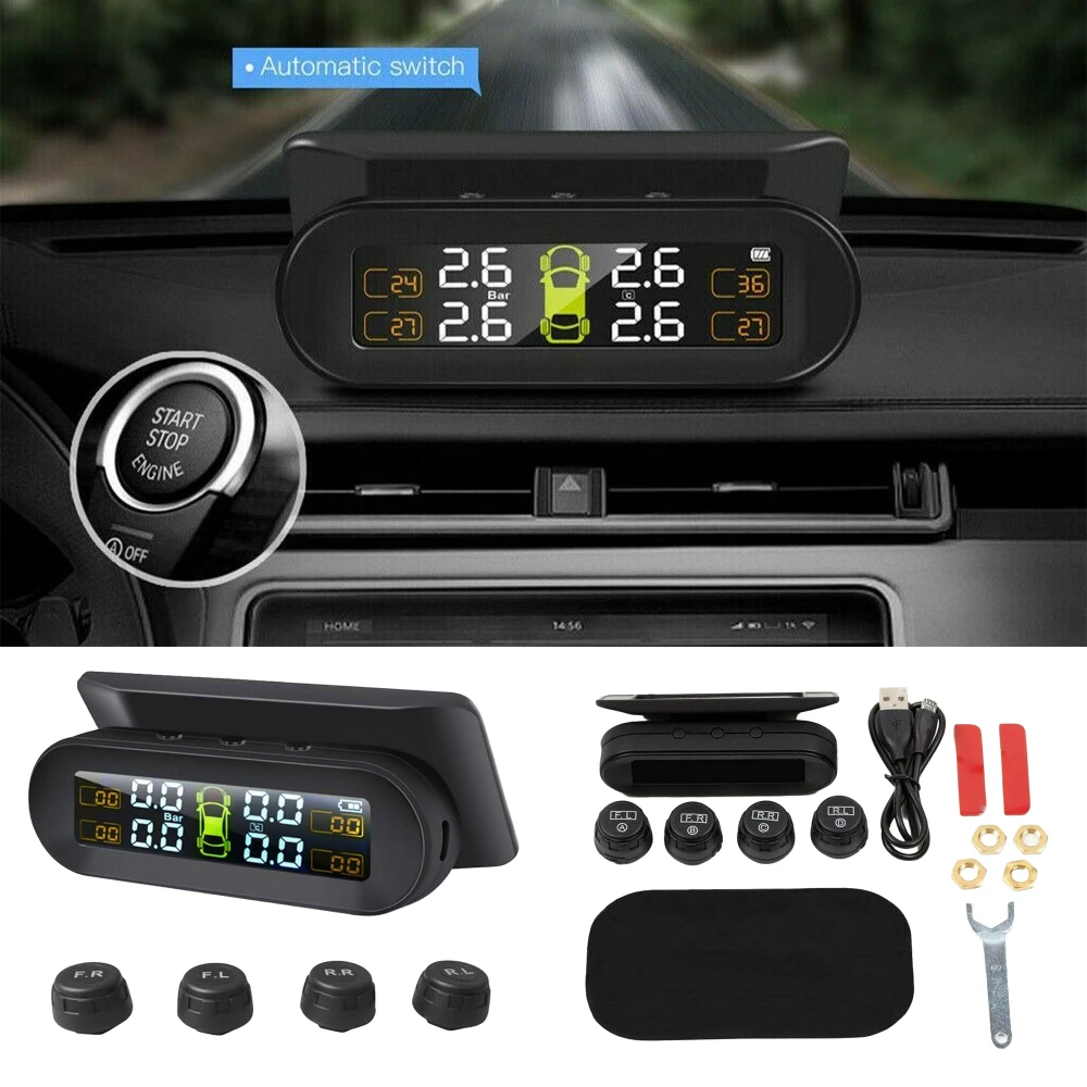 

Smart TPMS Car Tyre Pressure Monitoring System TMPS USB Solar Power Digital LCD Display Auto Security Alarm Tire Pressure Sensor