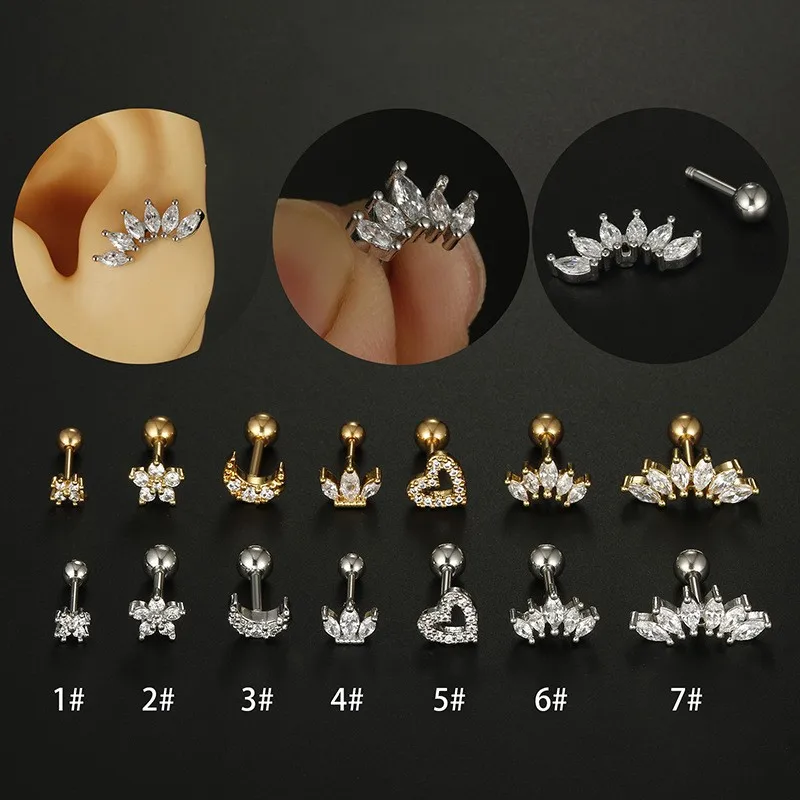 

20G Stainless Steel Piercing Cartilage Stud Earrings Crown Moon Zircon Earbone Nail Ear Tragus Lobe Body Jewelry For Women Gifts