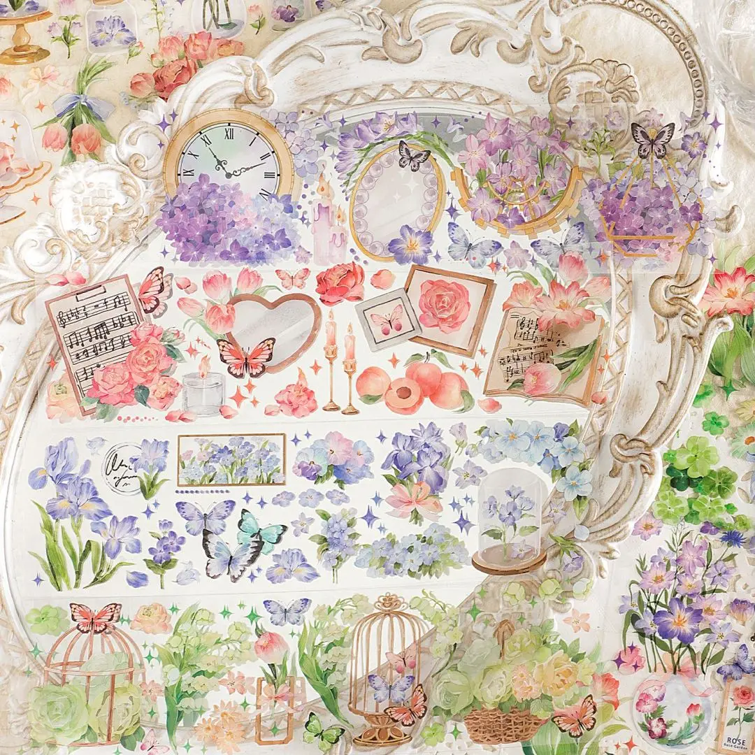 

MOHAMM 6 Sheets Garden Series Waterproof PET Self-Adhesive Paper Retro Floral Pattern Sticker