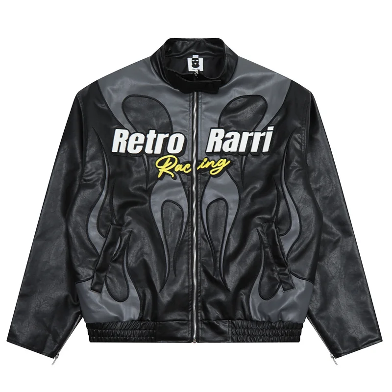 

Gothic Biker Jacket Letter Flame Embroidery PU Leather Motorcycle Jackets Hip Hop Vintage Streetwear 2022 Bomber Varsity Coats