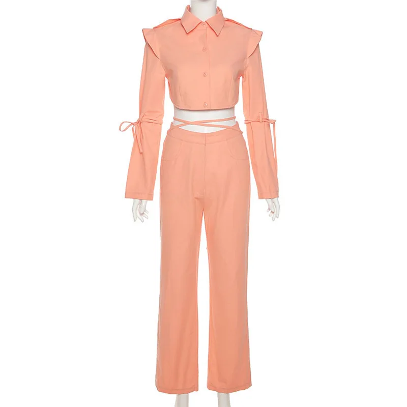 

Женский Повседневный костюм, Однорядная короткая рубашка на пуговицах с длинным рукавом и прямые брюки с высокой талией, новинка 2022