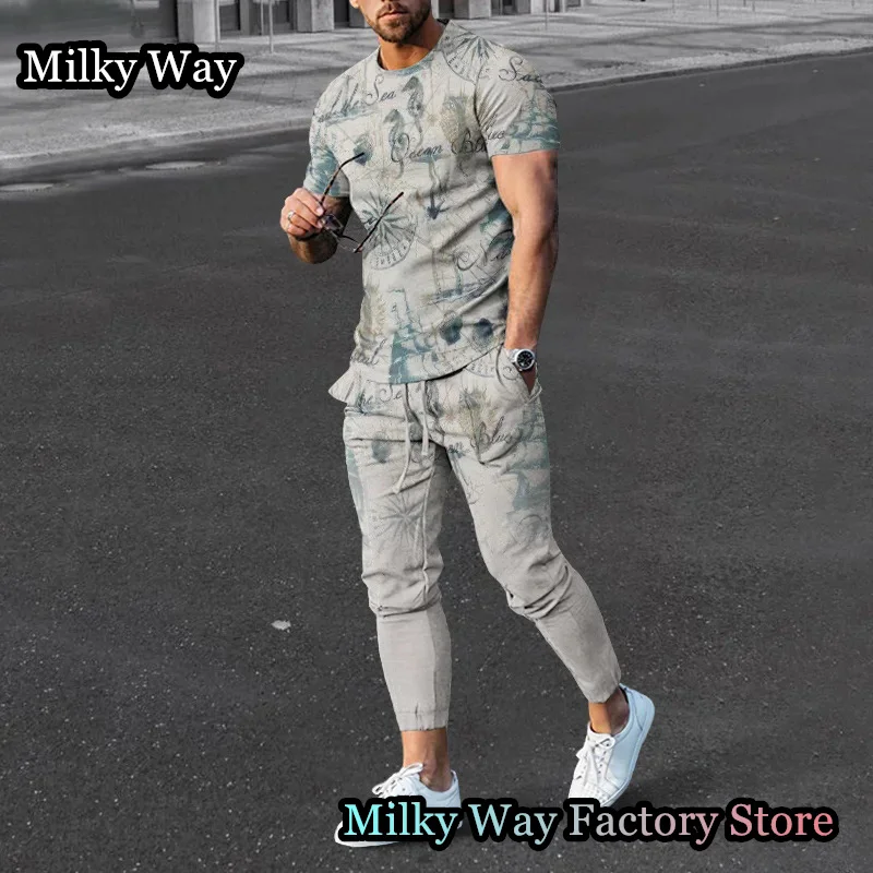 Summer Men Tracksuit 2 Pieces Lion King Printing T-Shirt Trousers Set Casual Jogging Suit Fashion Outfit Male Animal Streetwear