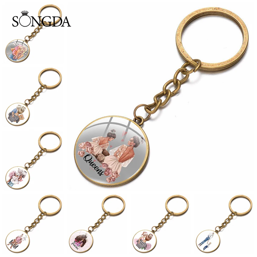 

Trendy Super Mom Keychains Cartoon Mother's Love Glass Dome Pendant Key Rings Mother's Day Gift From Son Daughter to Mom Jewelry