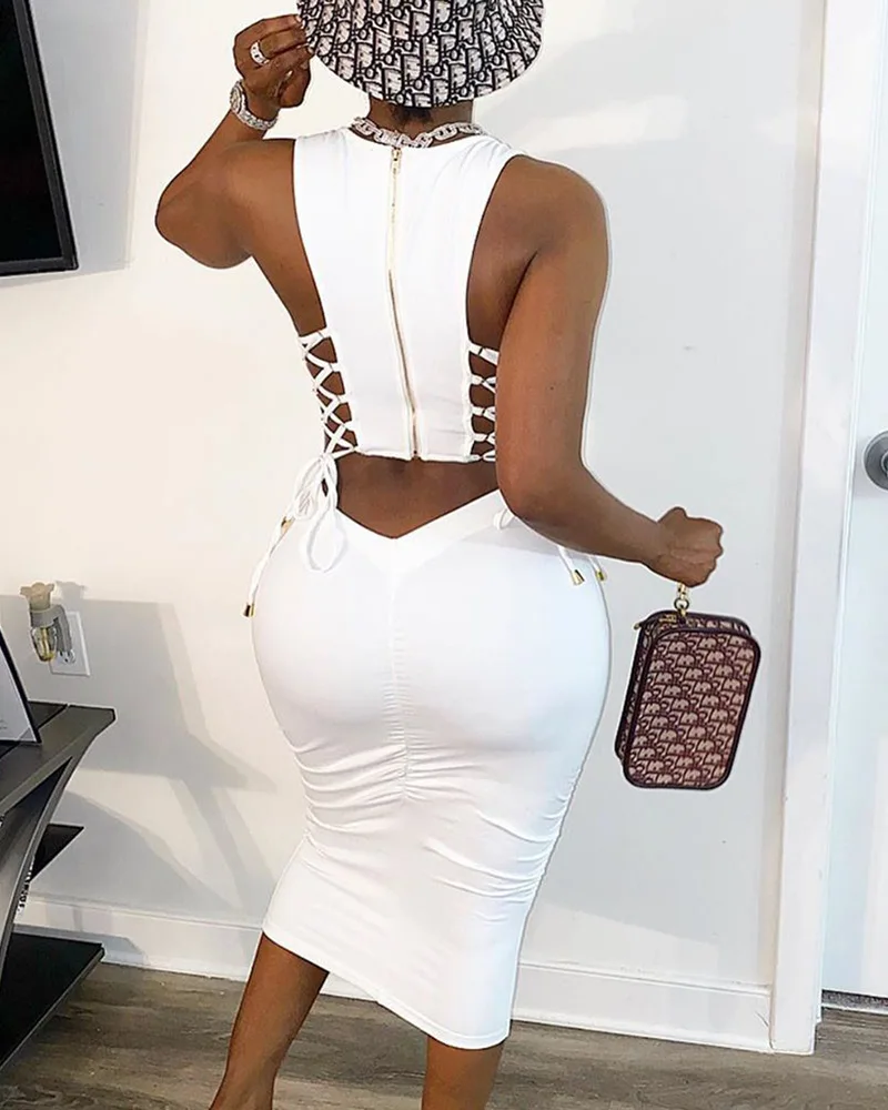 

Slim-Fit Sexy Zipper Design Cut Out Lace-up Dress Women Summer Bandage Folds Halter Tank Off Waist Solid Color