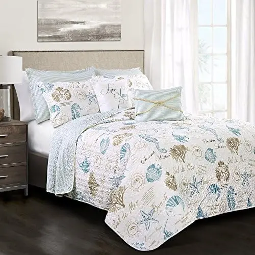 

Harbor Life Quilt | Ocean Seaside Starfish Beach Reversible 7 Piece Bedding Set - Full Queen - and Taupe