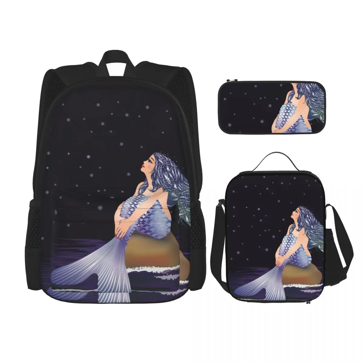 

3 Pcs Night Mermaid Backpack Unique Prints Knapsack for Teenagers Girls Boys Travel Bagpack Children School Bags