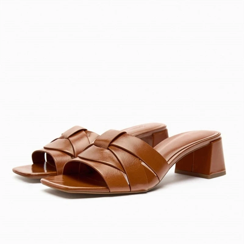 

Женские кожаные Босоножки на каблуке ZAZA, коричневые Летние босоножки с перекрёстными элементами, шлепанцы на блочном каблуке, повседневные туфли на каблуке, 2023
