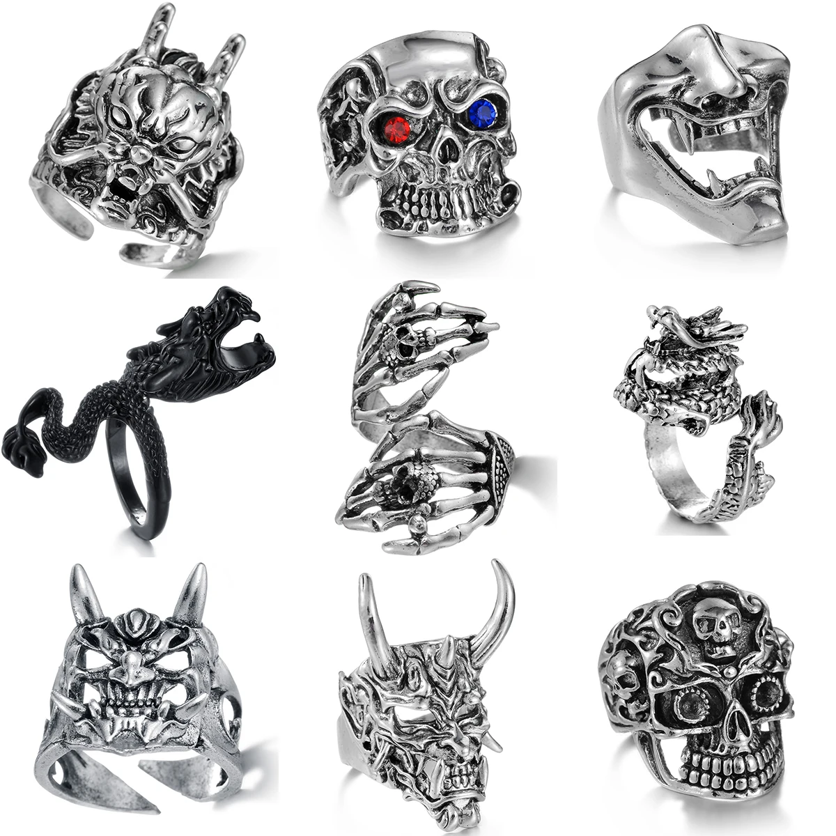

Charm Punk Rock Men Women Rings Antique Exaggerated Skeleton Dragon Snake Multiple Styles Adjustable Hip Hop Finger Jewelry Gift