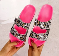new women shoes color leopard print double buckle rhinestone one word sandals and slippers womens outer wear slippers