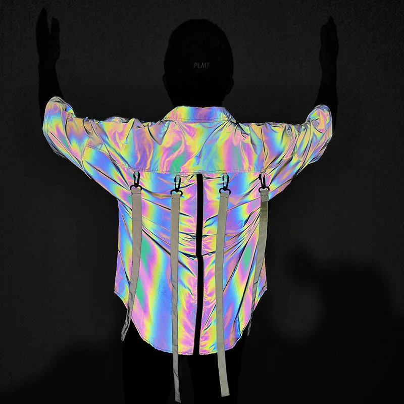 Reflective Shirts Men's Short Sleeve T-Shirts Ribbon Decorative Shirts Loose Lapel Tops Laser Reflective Irregular T-Shirt