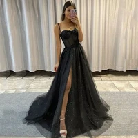 black glitter a line tulle prom dresses 3d flower spaghetti straps sweetheart bones side slit long evening gowns
