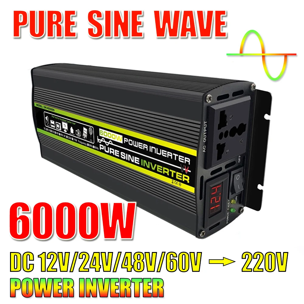 

Pure Sine Wave Inverter 6000W Solar Inverter DC12/24/48/60V TO AC 220V Voltage Converter Car LED Digital Display Transformer