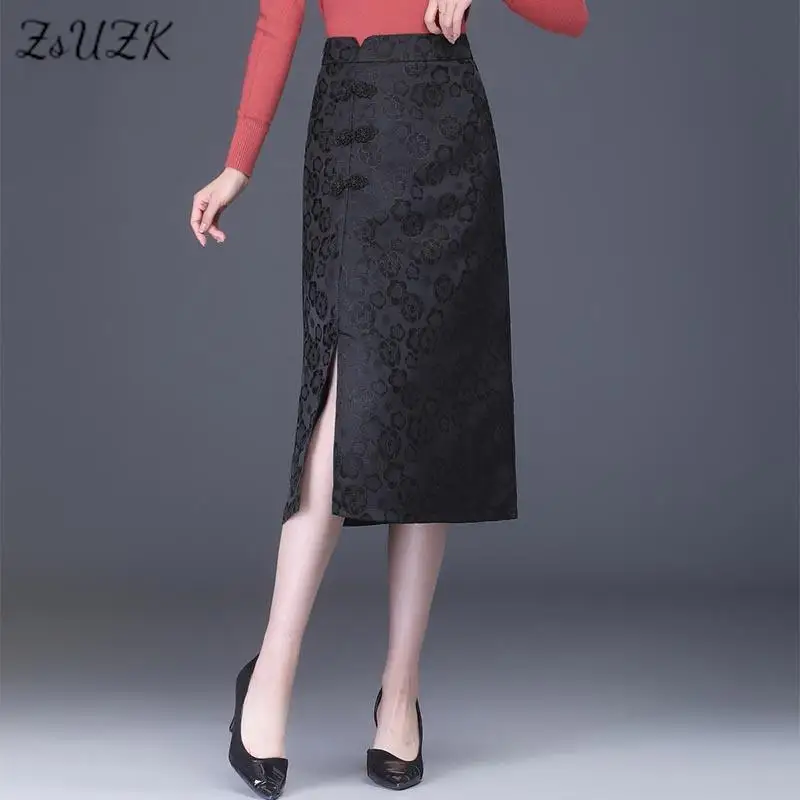 

ZUZK Fashion Chinese Style Qipao Slit Bodycon Skirt For Women Elegant Elastic Waist Button Decorate Chic Slim Pencil Skirts