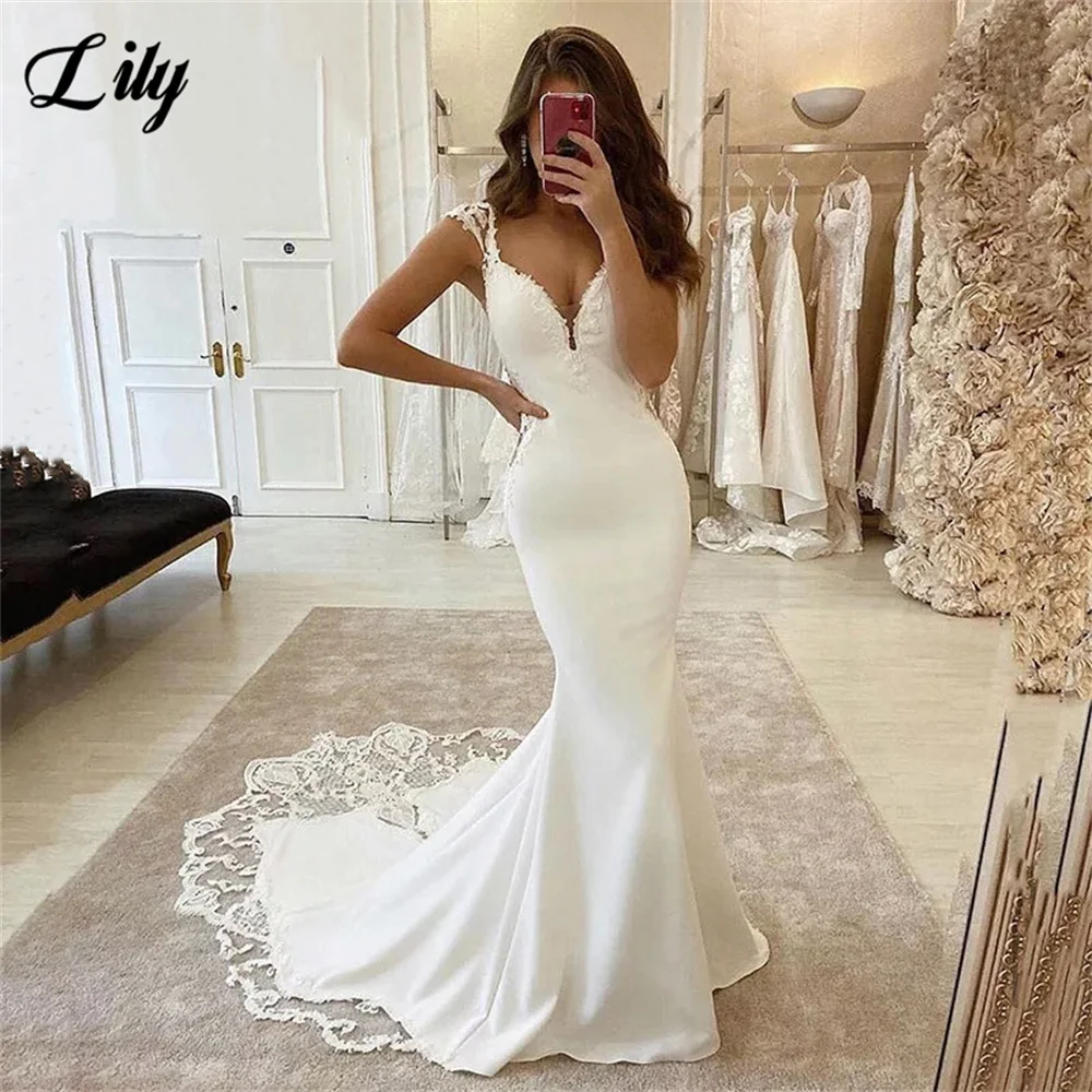 

Deep V-Neck Mermaid Wedding Dresses Cap Sleeve Lace Appliques Backless Formal Satin Bridal Gown Long Sweep Train suknia ślubna