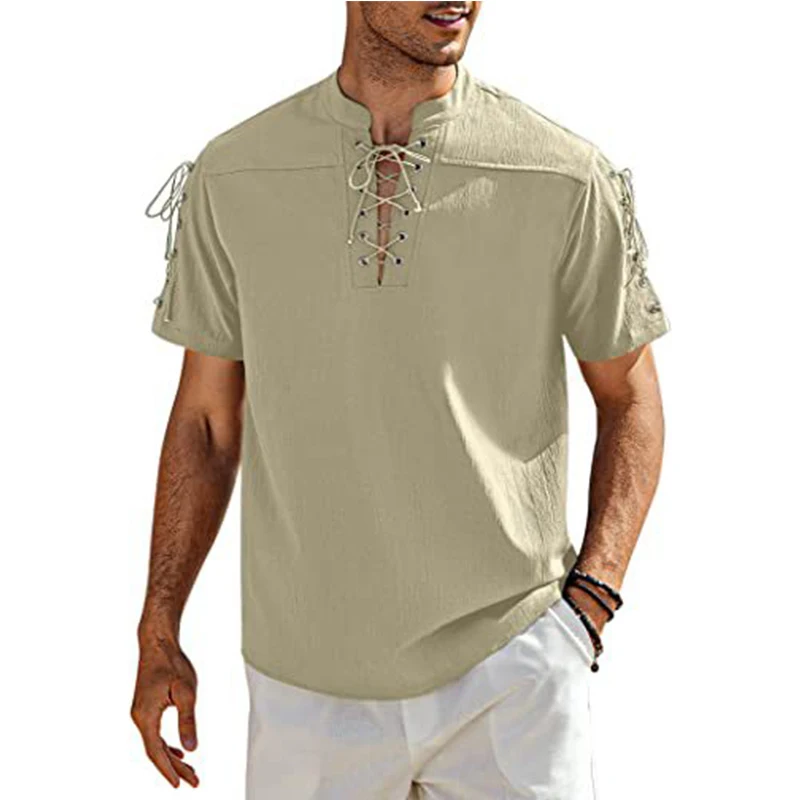 Summer Men's Soild Short Sleeve Lace Up Hippie T-shirt V-Neck Men Basic Tee Casual T Shirt Clothing