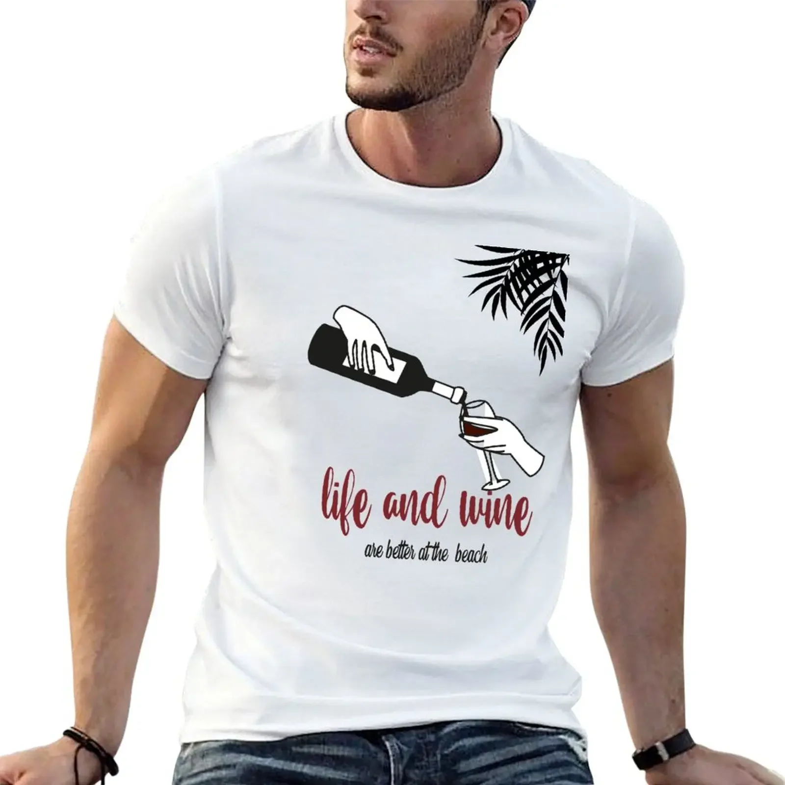 Жизнь и вино лучше на пляже - летняя футболка с надписью Аперо заказ белые